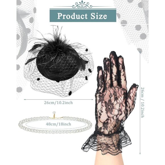 6 Sets Vintage Tea Party Hats Lace Gloves Pearl Necklaces for Women main image 5